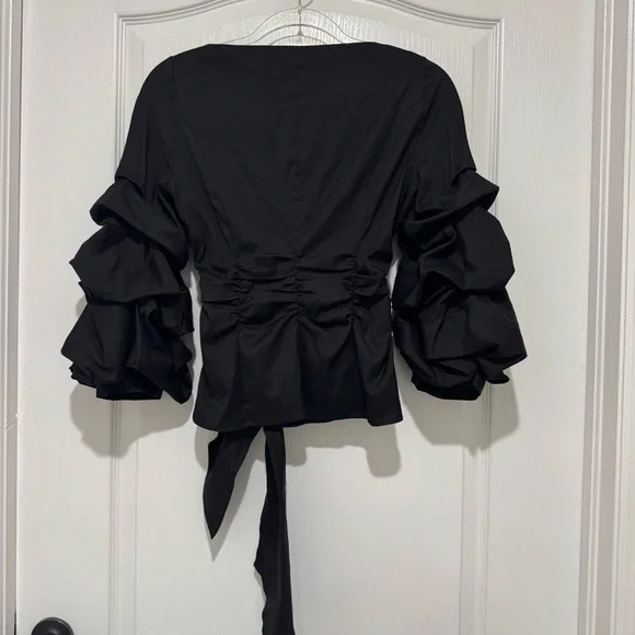 WHBM Ruffle Sleeve Black Blouse Waist Tie Size 2 - Picture 6 of 10